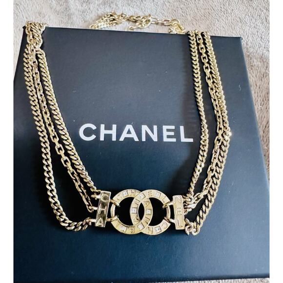 CHANEL 04A CC Logo Multi-Chain Choker Necklace Gold-Tone Strass “CHA NEL” w/ Box - Picture 1 of 8